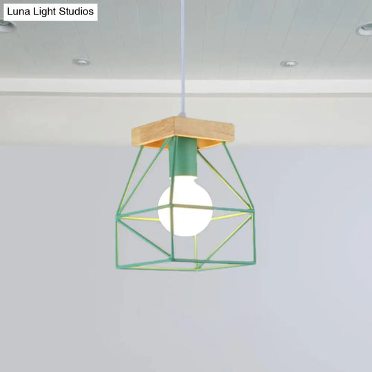 Geometric Pendant Light With Cage Shade - 1 Metal Lighting In Black/Blue For Bedroom