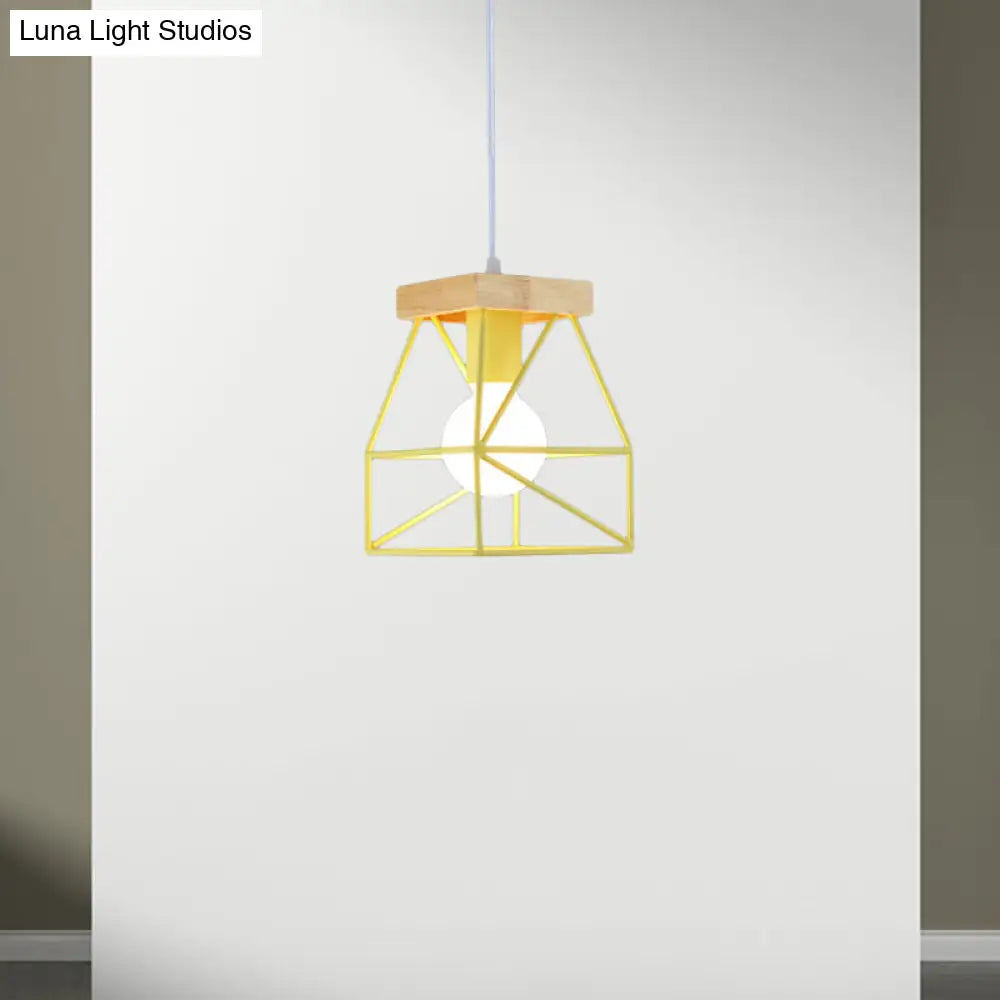 Geometric Macaron Pendant Light With Cage Shade For Bedroom - 1 Minimalist Metal Lighting In