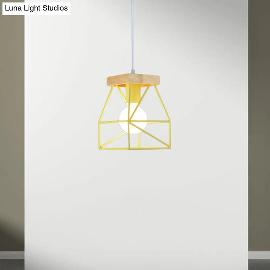 Geometric Macaron Pendant Light With Cage Shade For Bedroom - 1 Minimalist Metal Lighting In