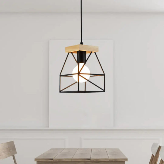 Geometric Pendant Light With Cage Shade - 1 Metal Lighting In Black/Blue For Bedroom Black