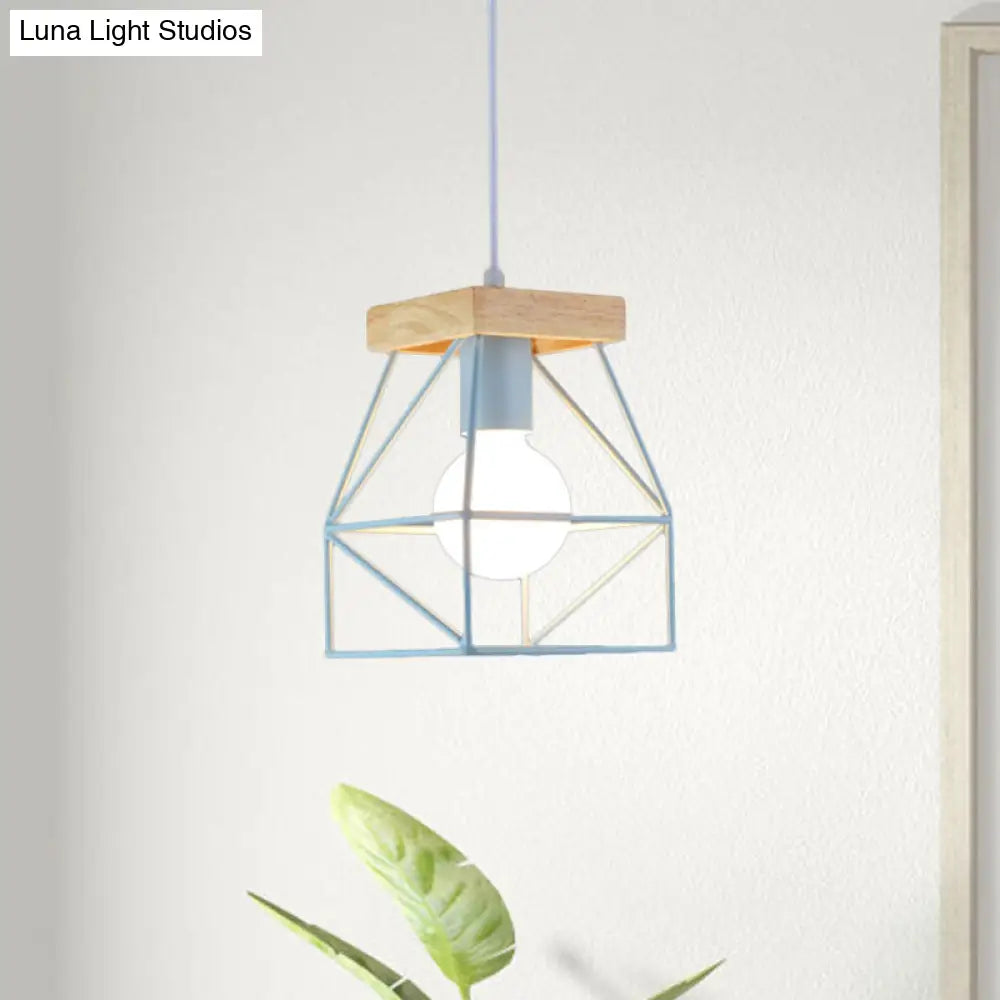 Geometric Macaron Pendant Light With Cage Shade For Bedroom - 1 Minimalist Metal Lighting In