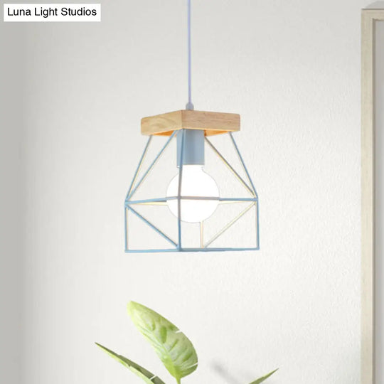 Geometric Macaron Pendant Light With Cage Shade For Bedroom - 1 Minimalist Metal Lighting In