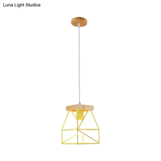 Geometric Macaron Pendant Light With Cage Shade For Bedroom - 1 Minimalist Metal Lighting In