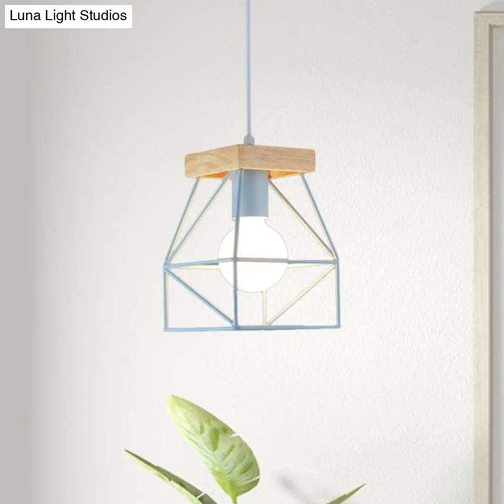 Geometric Pendant Light With Cage Shade - 1 Metal Lighting In Black/Blue For Bedroom