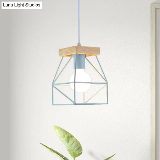 Geometric Pendant Light With Cage Shade - 1 Metal Lighting In Black/Blue For Bedroom