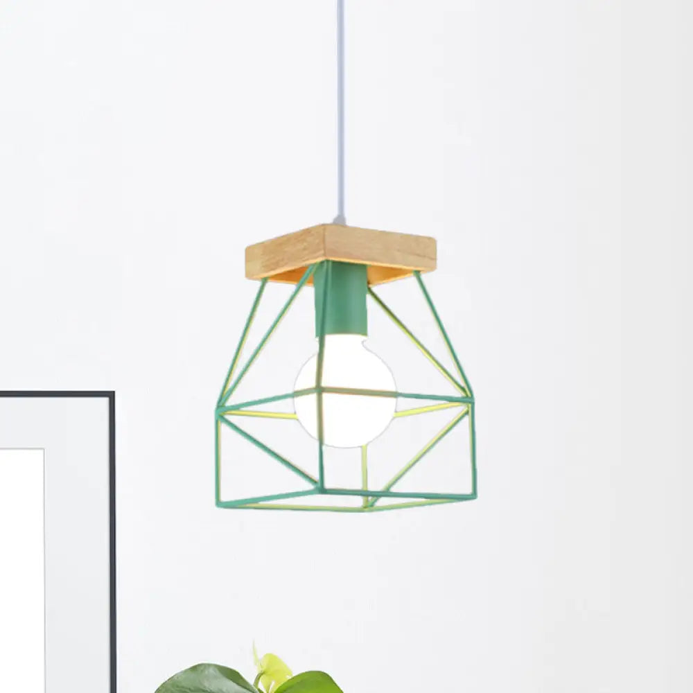 Geometric Pendant Light With Cage Shade - 1 Metal Lighting In Black/Blue For Bedroom Green