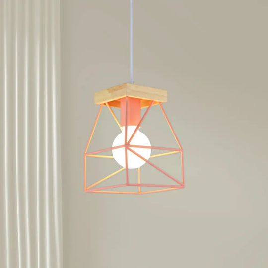 Geometric Pendant Light With Cage Shade - 1 Metal Lighting In Black/Blue For Bedroom Pink