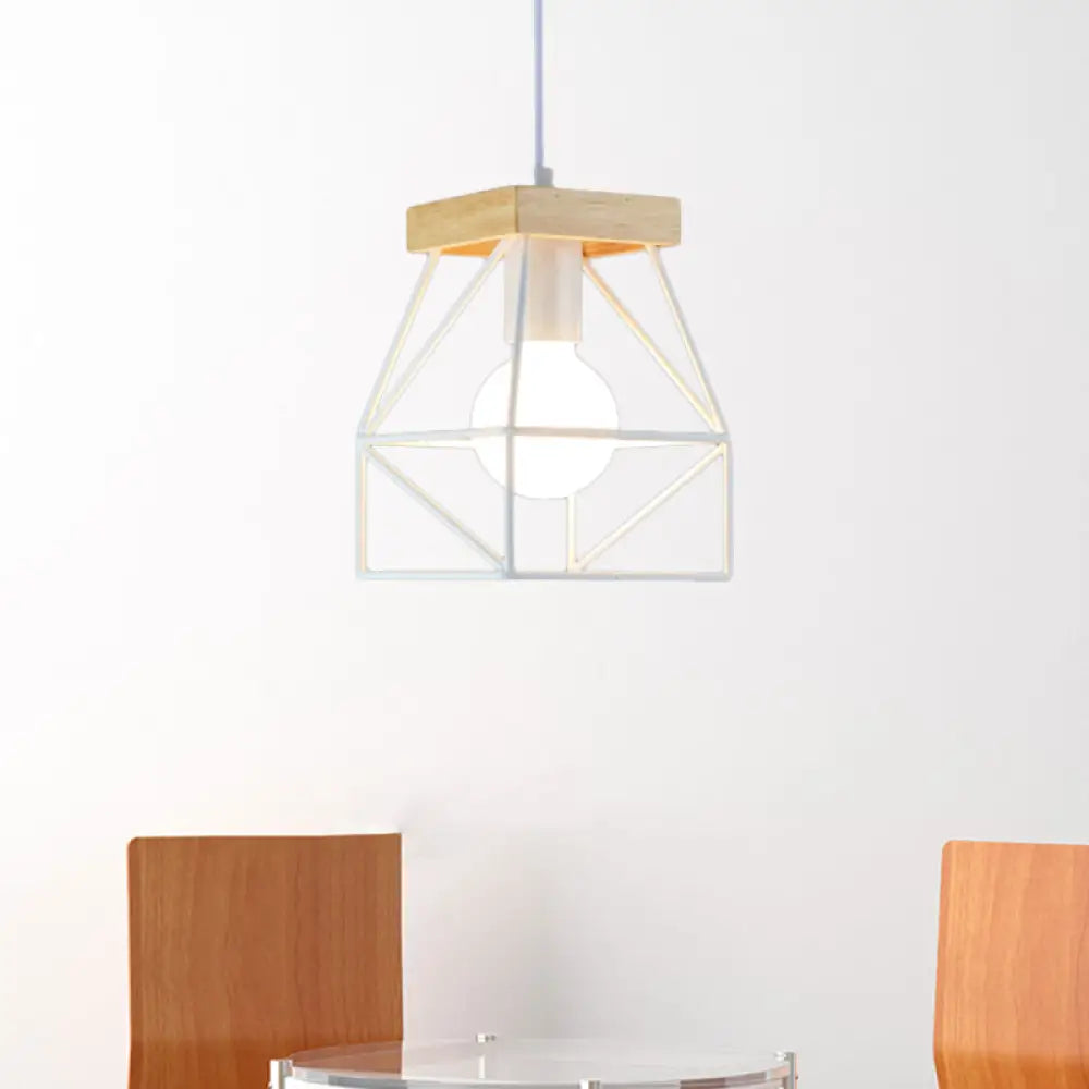 Geometric Pendant Light With Cage Shade - 1 Metal Lighting In Black/Blue For Bedroom White