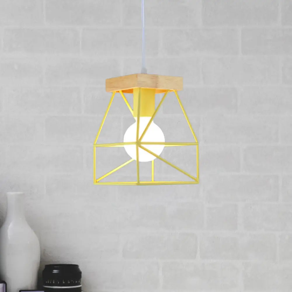 Geometric Pendant Light With Cage Shade - 1 Metal Lighting In Black/Blue For Bedroom Yellow