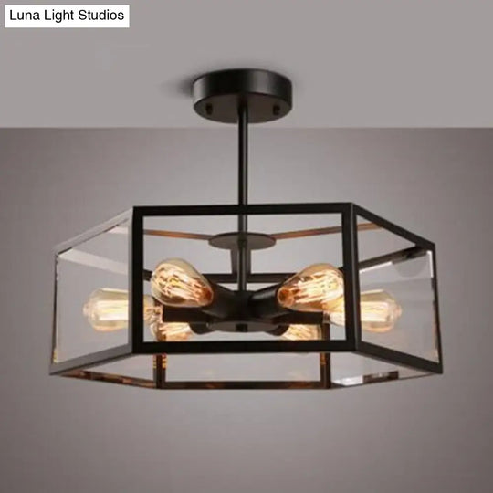 Geometric Semi Flush Mount Light | Retro Industrial Style 6-Light Metal Ceiling Fixture For Bars