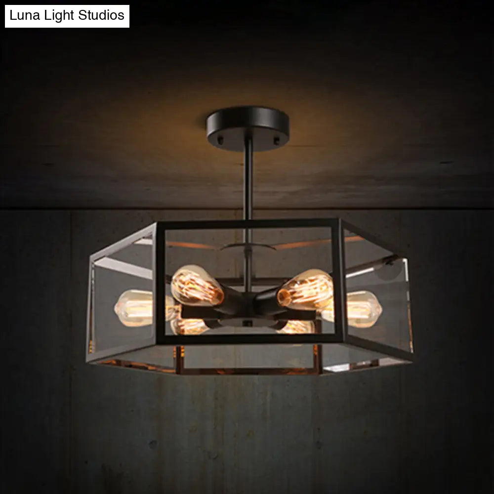 Geometric Semi Flush Mount Light | Retro Industrial Style 6-Light Metal Ceiling Fixture For Bars