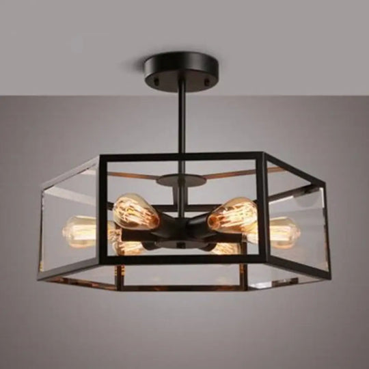 Geometric Retro Industrial Ceiling Flush Mount Light - 6 Metal Lights For Bars Black