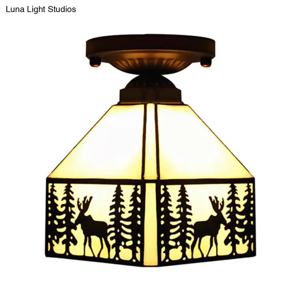 Geometric Semi Flush Ceiling Light With Art Glass Shade And Deer Pattern In Beige - Ideal For