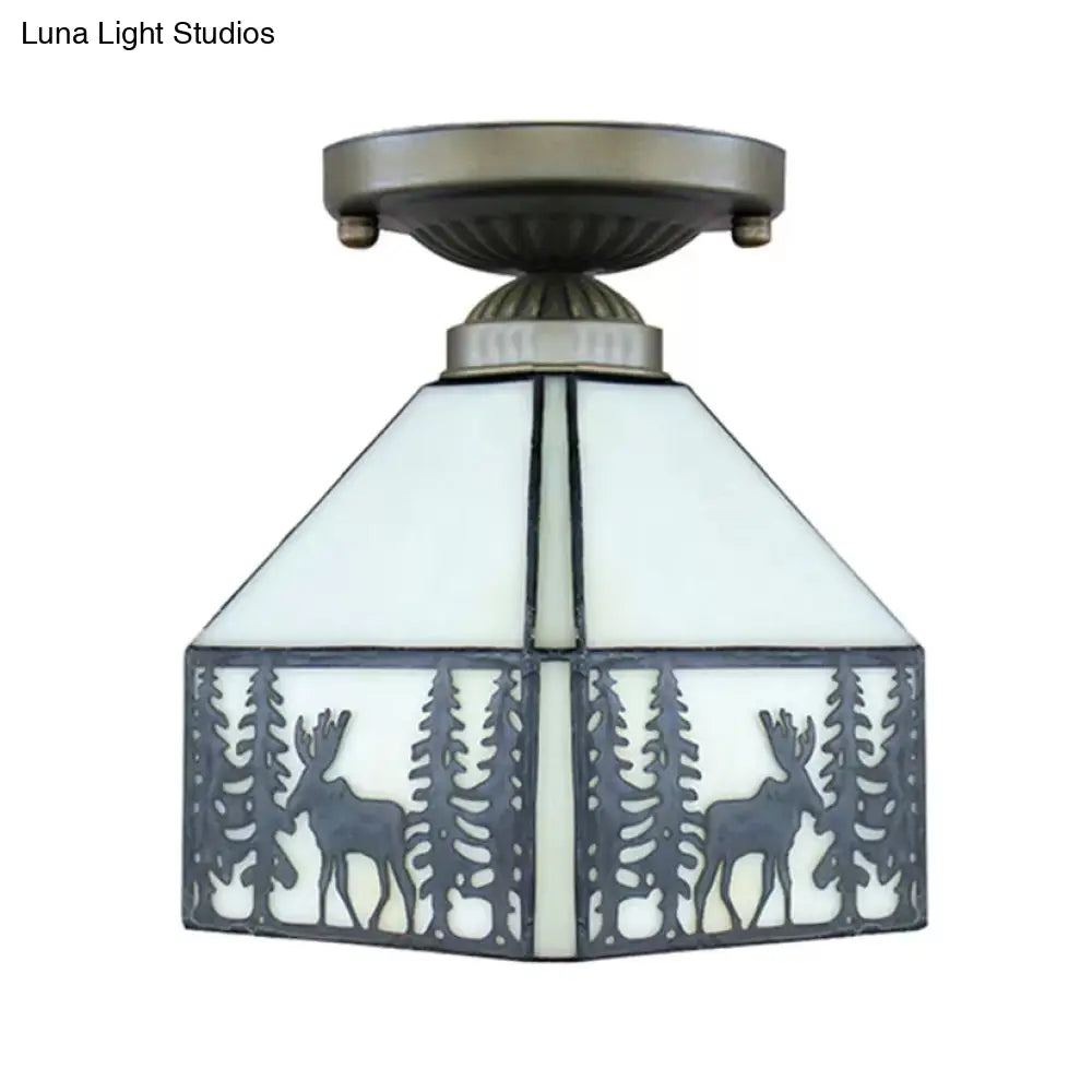 Geometric Semi Flush Ceiling Light With Art Glass Shade And Deer Pattern In Beige - Ideal For