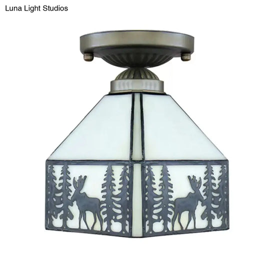 Geometric Semi Flush Ceiling Light With Art Glass Shade And Deer Pattern In Beige - Ideal For