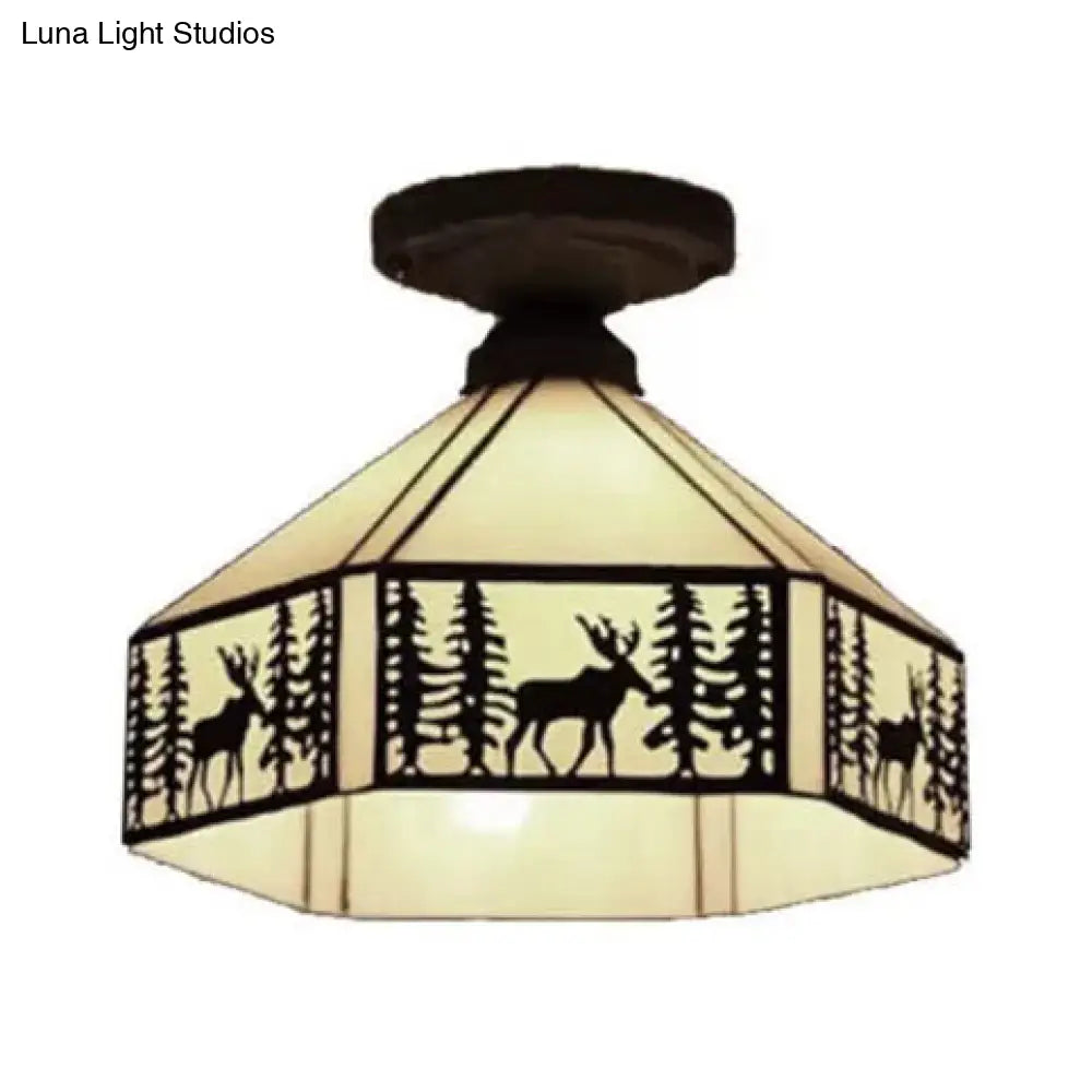 Geometric Semi Flush Ceiling Light With Art Glass Shade And Deer Pattern In Beige - Ideal For