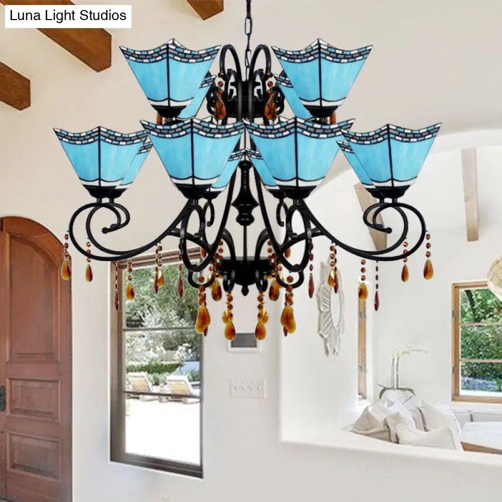 Geometric Chandelier Light Lodge - Stained Glass 12 Lights Crystal Accents Yellow/Blue/Sky Blue Sky