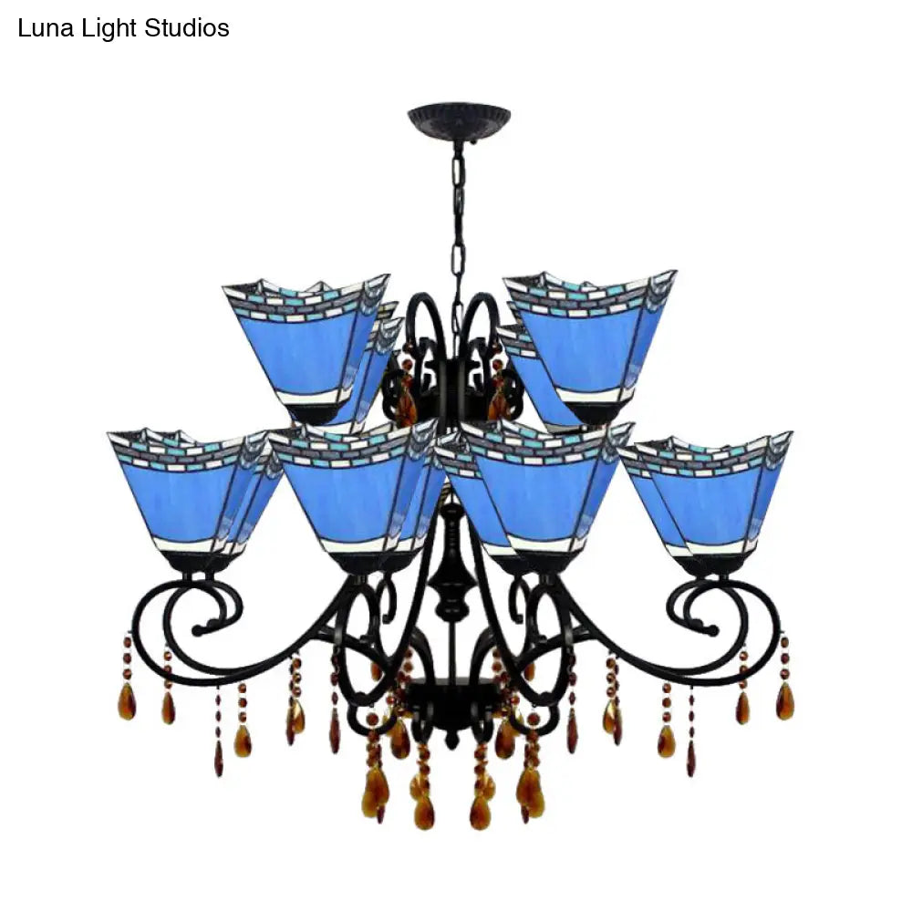 Geometric Chandelier Light Lodge - Stained Glass 12 Lights Crystal Accents Yellow/Blue/Sky Blue