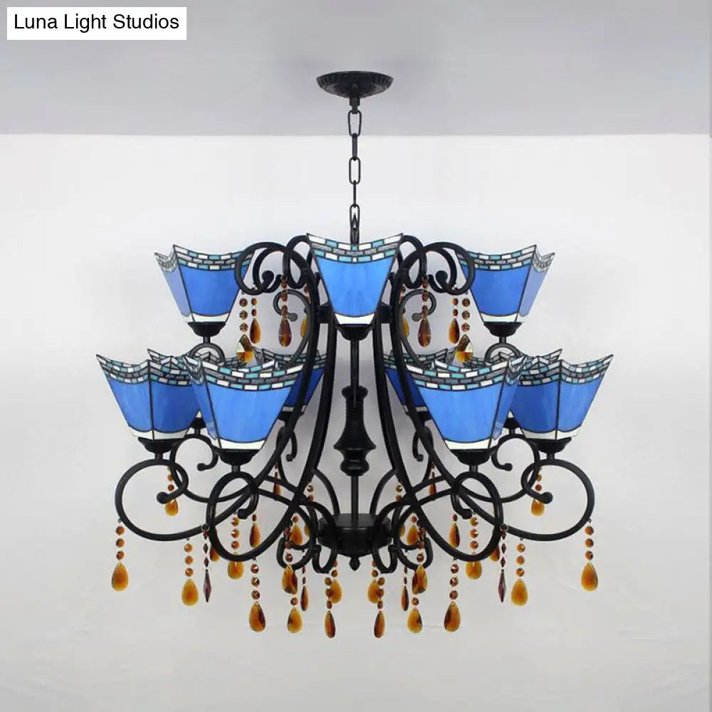 Geometric Stained Glass Chandelier With 12 Hanging Lights And Crystal Accent In Yellow/Blue/Sky Blue