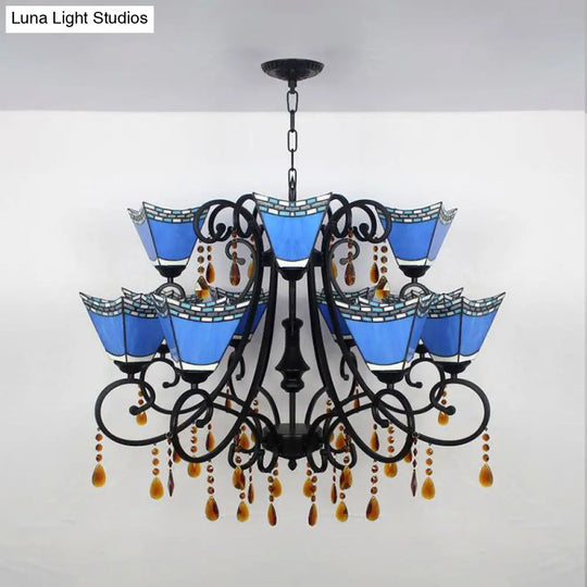 Geometric Stained Glass Chandelier With 12 Hanging Lights And Crystal Accent In Yellow/Blue/Sky Blue