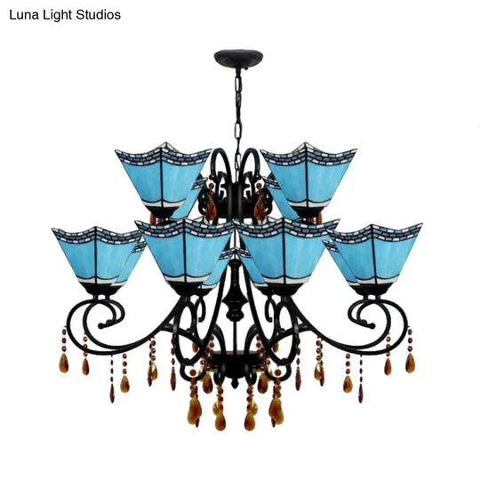 Geometric Chandelier Light Lodge - Stained Glass 12 Lights Crystal Accents Yellow/Blue/Sky Blue