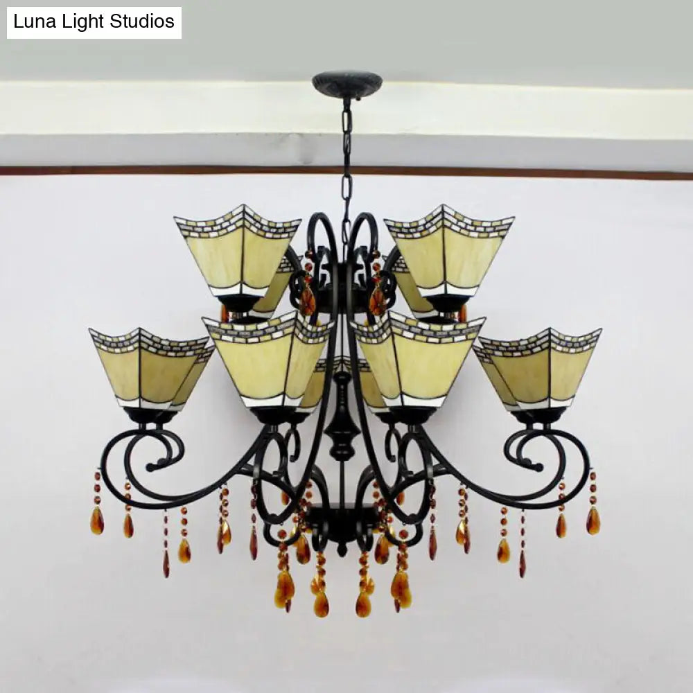 Geometric Stained Glass Chandelier With 12 Hanging Lights And Crystal Accent In Yellow/Blue/Sky Blue