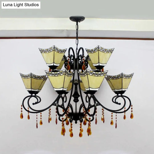 Geometric Stained Glass Chandelier With 12 Hanging Lights And Crystal Accent In Yellow/Blue/Sky Blue