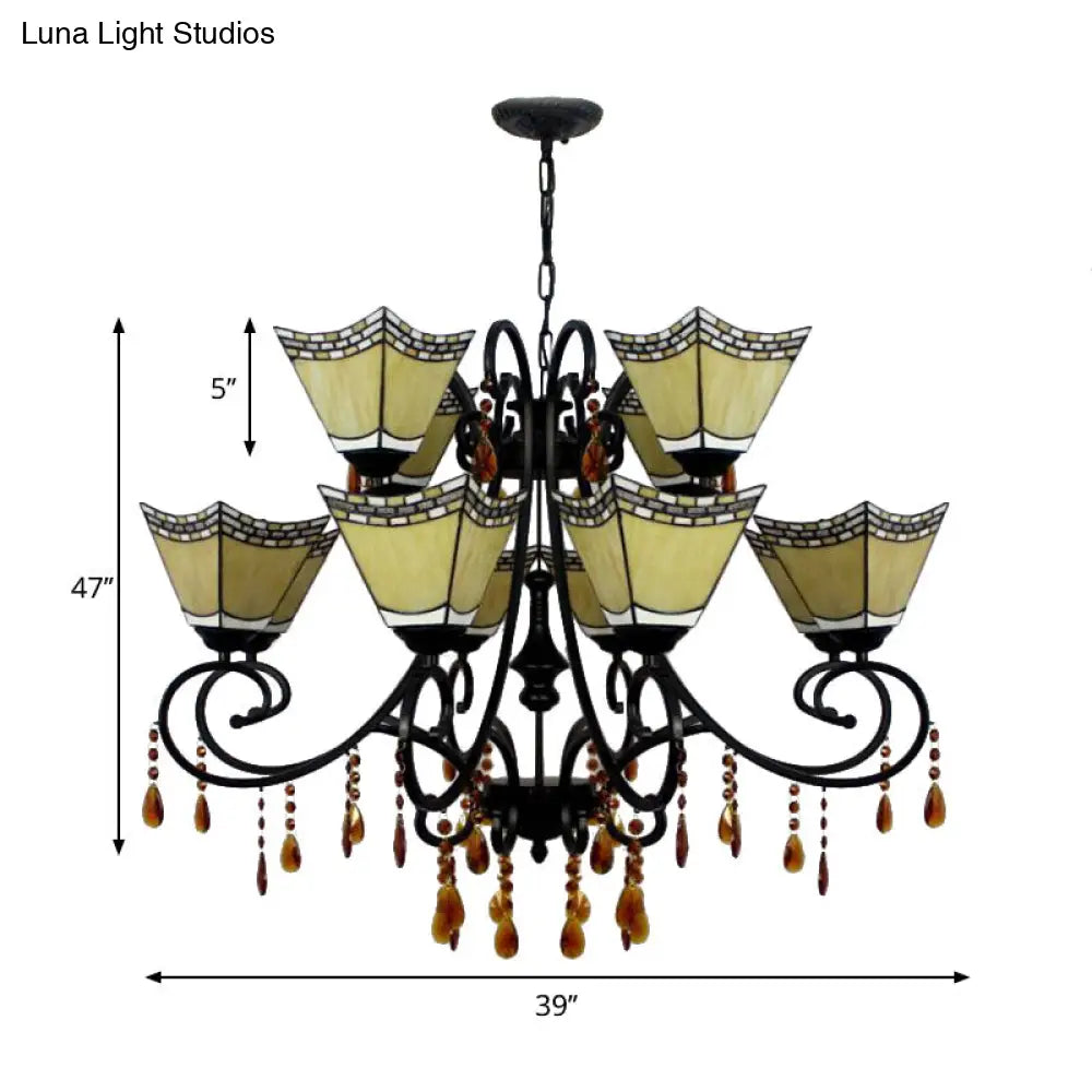 Geometric Stained Glass Chandelier With 12 Hanging Lights And Crystal Accent In Yellow/Blue/Sky Blue