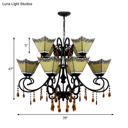 Geometric Stained Glass Chandelier With 12 Hanging Lights And Crystal Accent In Yellow/Blue/Sky Blue