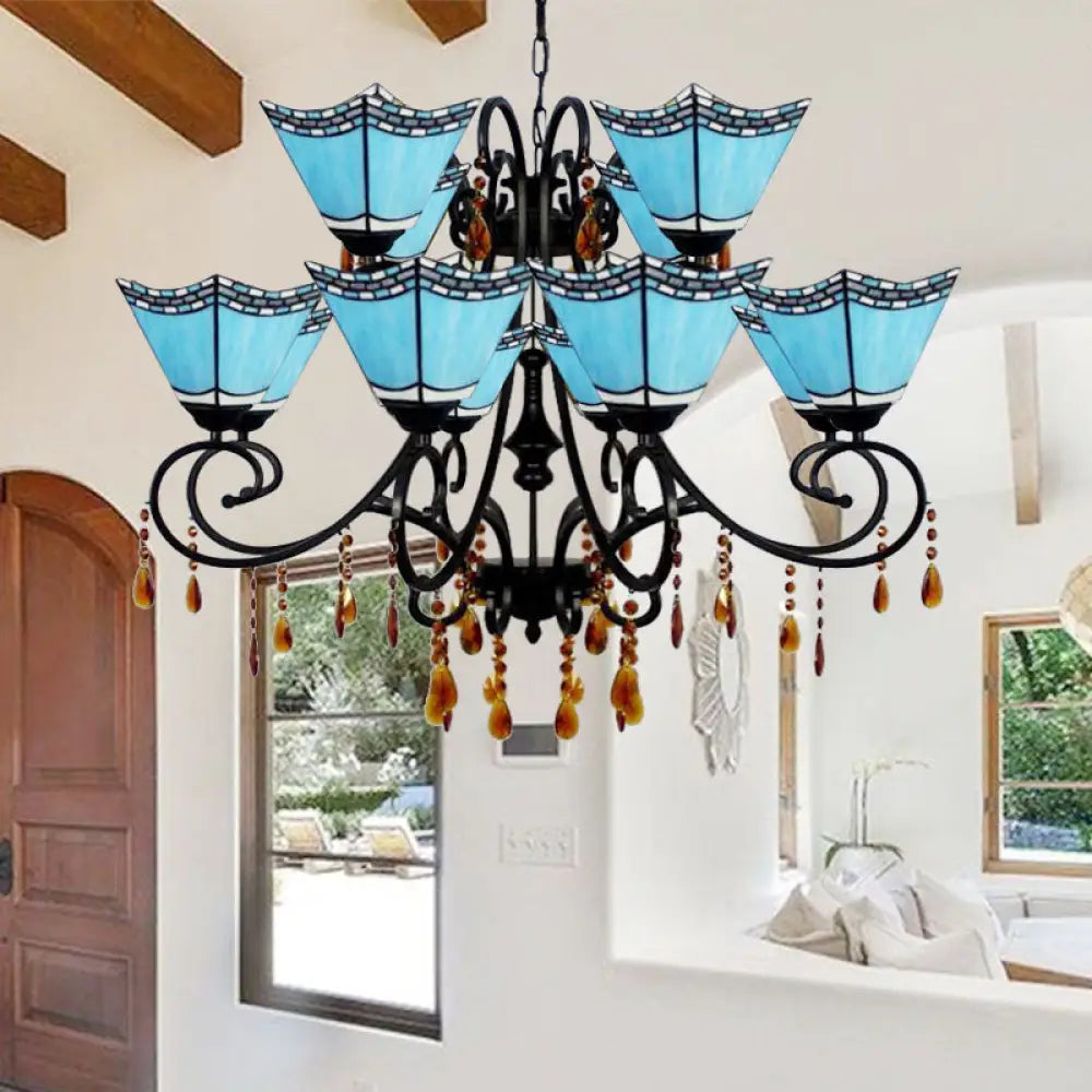 Geometric Stained Glass Chandelier With 12 Hanging Lights And Crystal Accent In Yellow/Blue/Sky