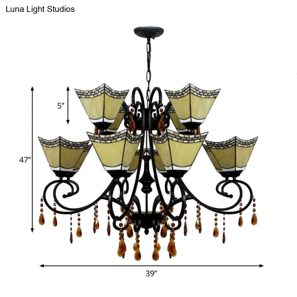 Geometric Chandelier Light Lodge - Stained Glass 12 Lights Crystal Accents Yellow/Blue/Sky Blue