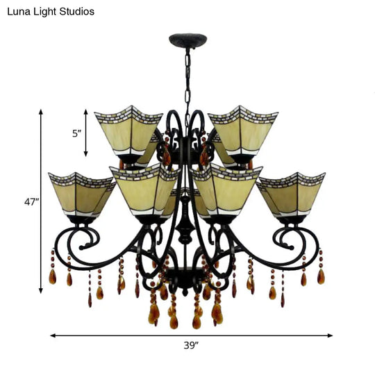 Geometric Chandelier Light Lodge - Stained Glass 12 Lights Crystal Accents Yellow/Blue/Sky Blue