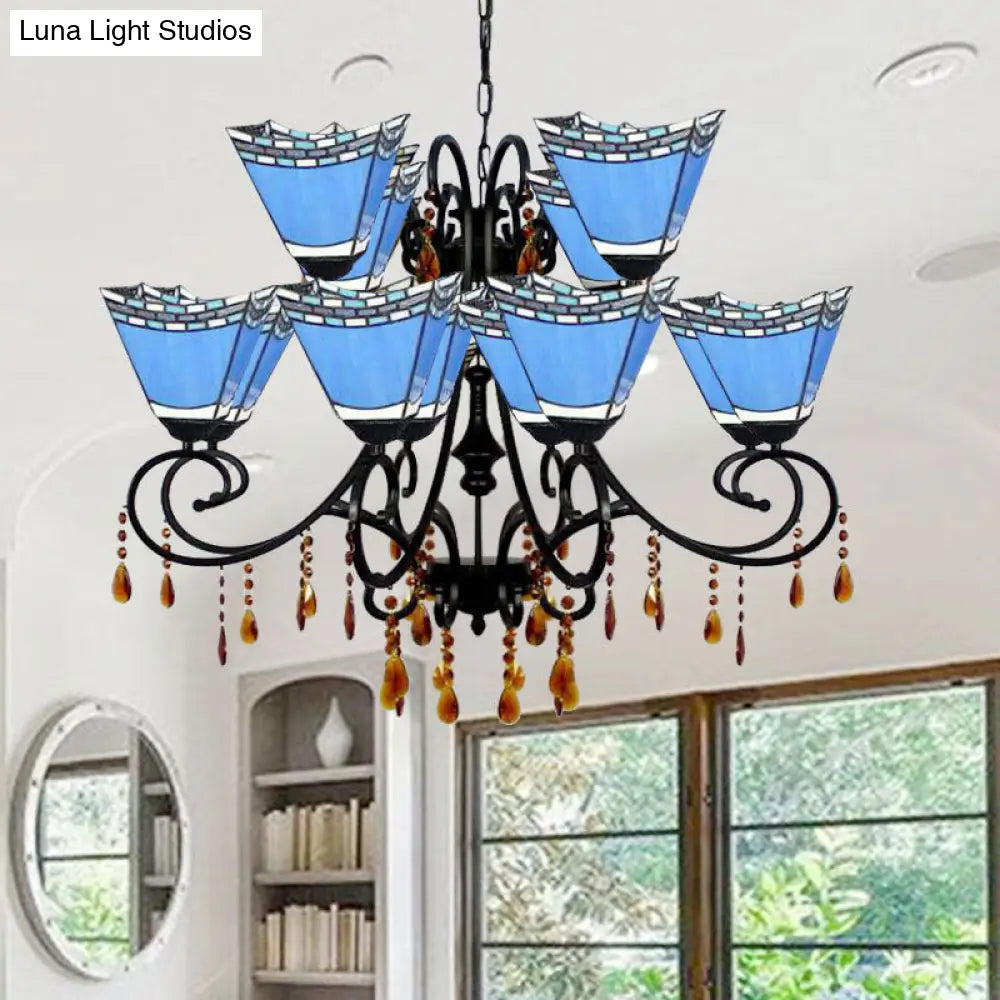 Geometric Chandelier Light Lodge - Stained Glass 12 Lights Crystal Accents Yellow/Blue/Sky Blue