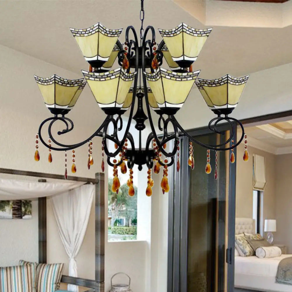 Geometric Stained Glass Chandelier With 12 Hanging Lights And Crystal Accent In Yellow/Blue/Sky