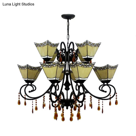 Geometric Chandelier Light Lodge - Stained Glass 12 Lights Crystal Accents Yellow/Blue/Sky Blue