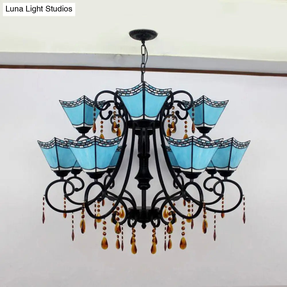 Geometric Stained Glass Chandelier With 12 Hanging Lights And Crystal Accent In Yellow/Blue/Sky Blue