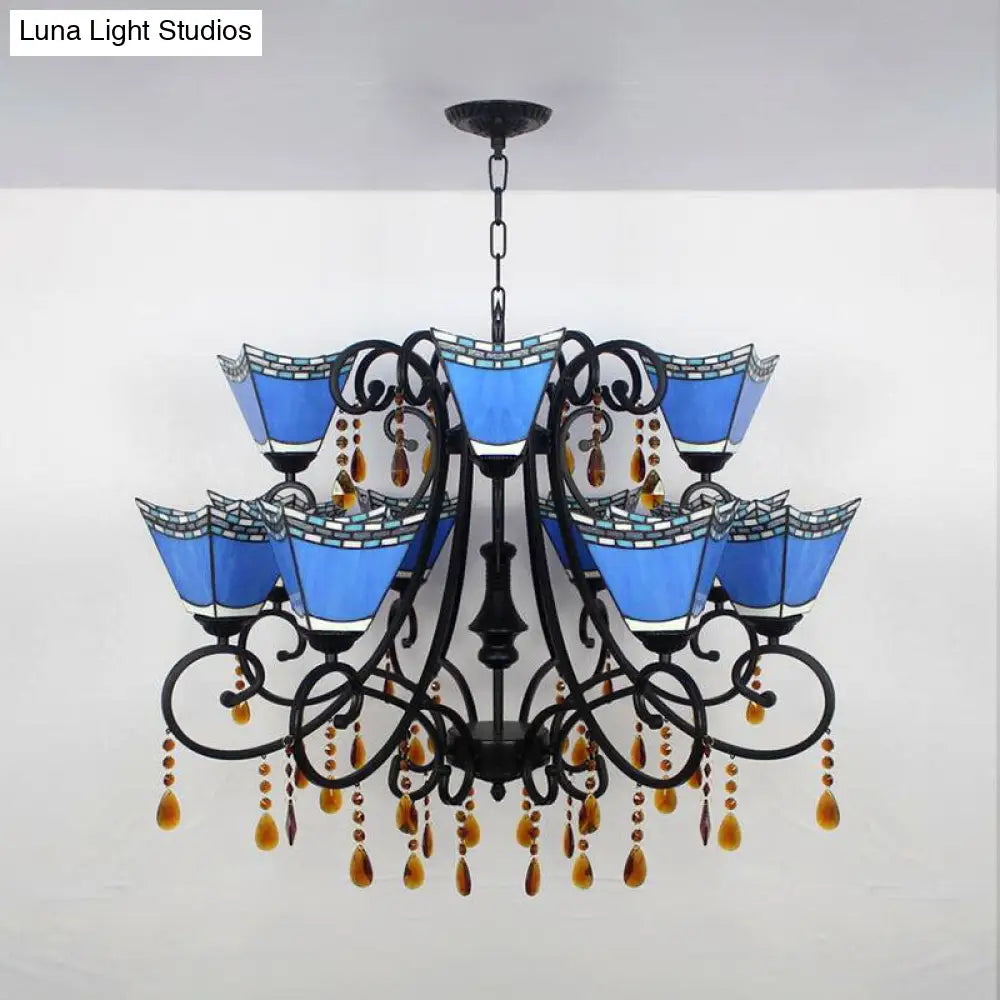 Geometric Chandelier Light Lodge - Stained Glass 12 Lights Crystal Accents Yellow/Blue/Sky Blue