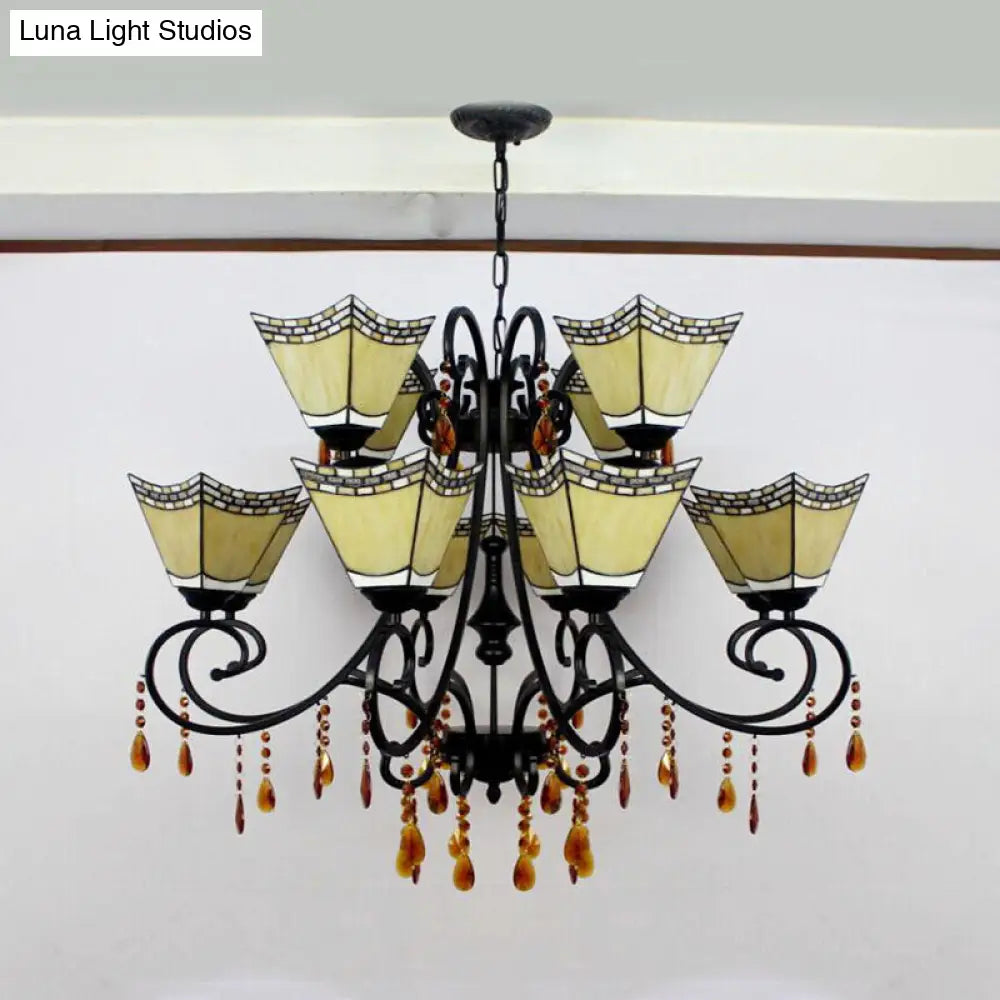 Geometric Chandelier Light Lodge - Stained Glass 12 Lights Crystal Accents Yellow/Blue/Sky Blue