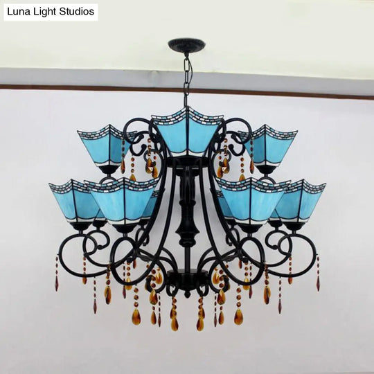 Geometric Chandelier Light Lodge - Stained Glass 12 Lights Crystal Accents Yellow/Blue/Sky Blue