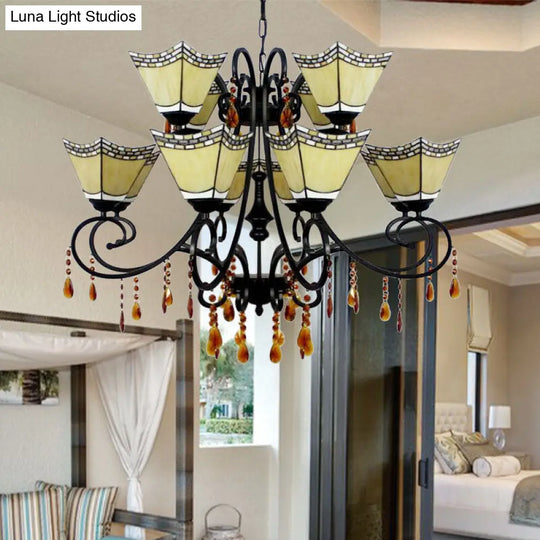 Geometric Chandelier Light Lodge - Stained Glass 12 Lights Crystal Accents Yellow/Blue/Sky Blue