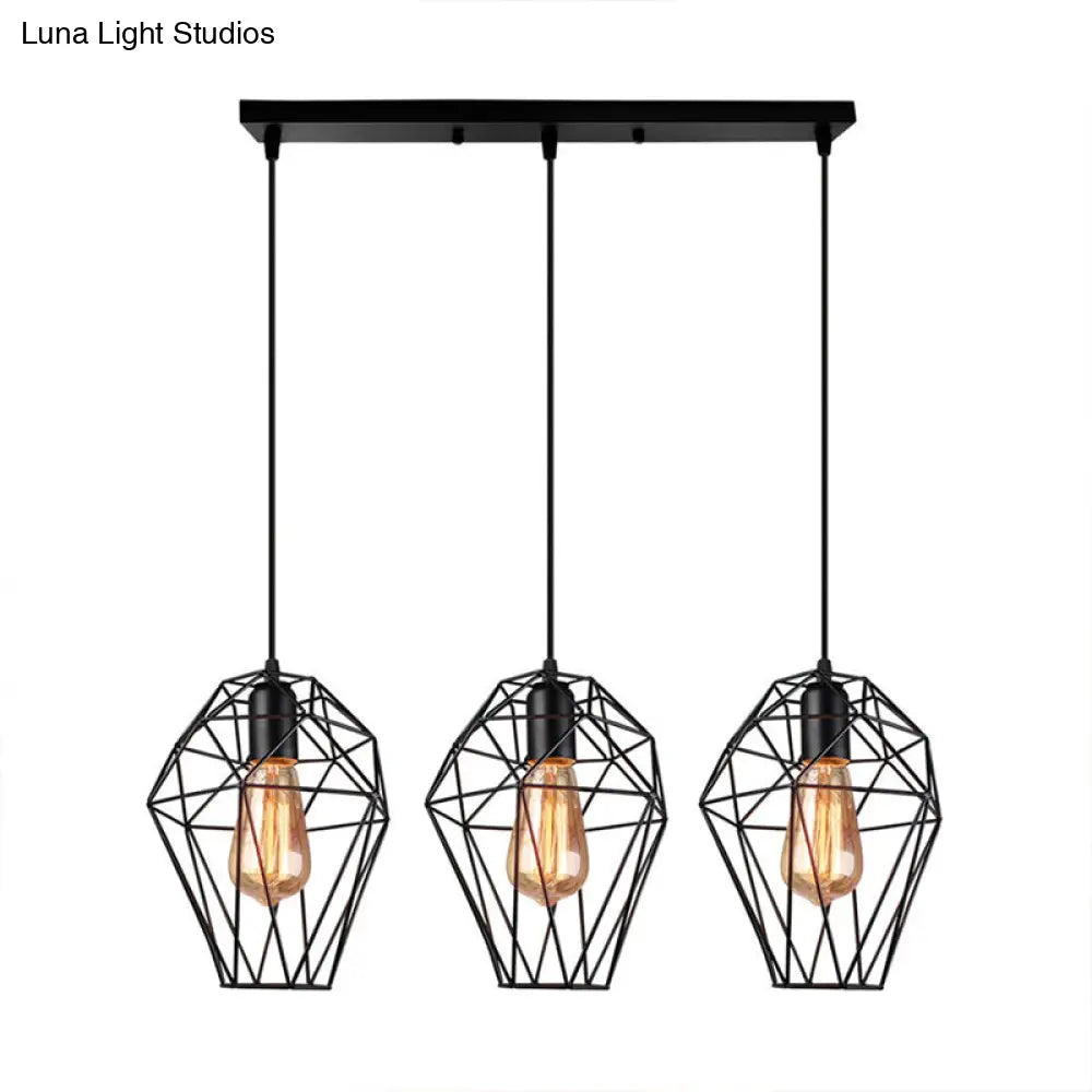 Geometric Vintage Ceiling Pendant Lamp - Metallic Black Suspended Light With 3 Bulbs Cage Shade