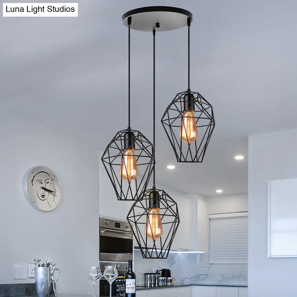 Vintage Geometric Pendant Lamp With Metallic Black Cage Shade And 3-Bulb Suspension For Ceiling