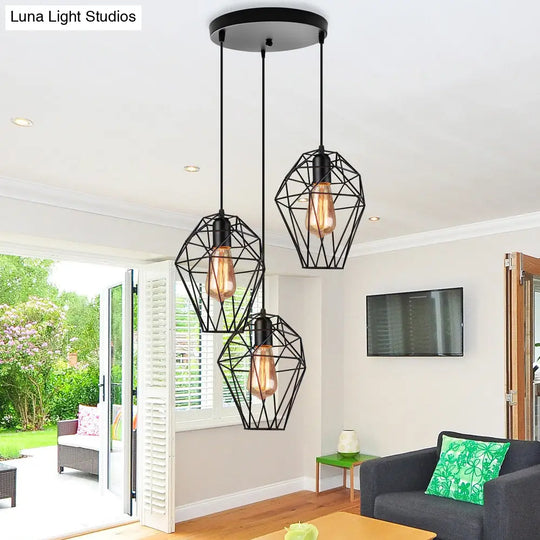 Geometric Vintage Ceiling Pendant Lamp - Metallic Black Suspended Light With 3 Bulbs Cage Shade