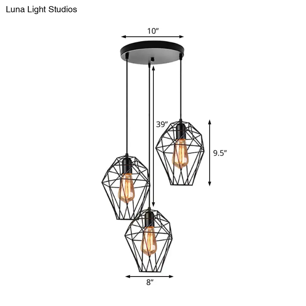 Geometric Vintage Ceiling Pendant Lamp - Metallic Black Suspended Light With 3 Bulbs Cage Shade