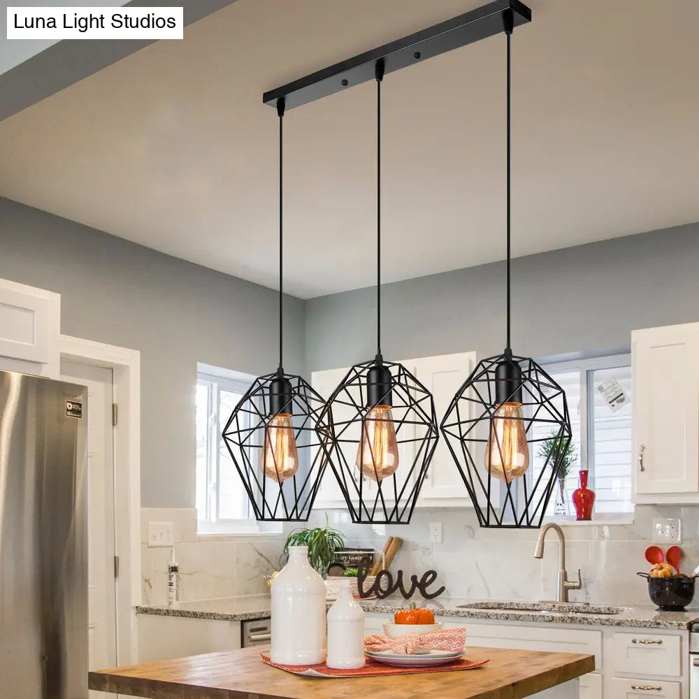 Geometric Vintage Ceiling Pendant Lamp - Metallic Black Suspended Light With 3 Bulbs Cage Shade