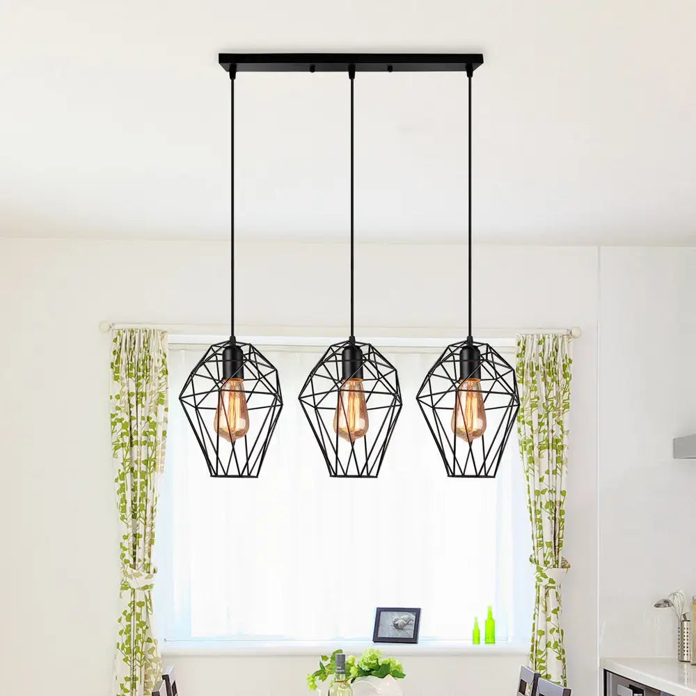 Geometric Vintage Ceiling Pendant Lamp - Metallic Black Suspended Light With 3 Bulbs Cage Shade