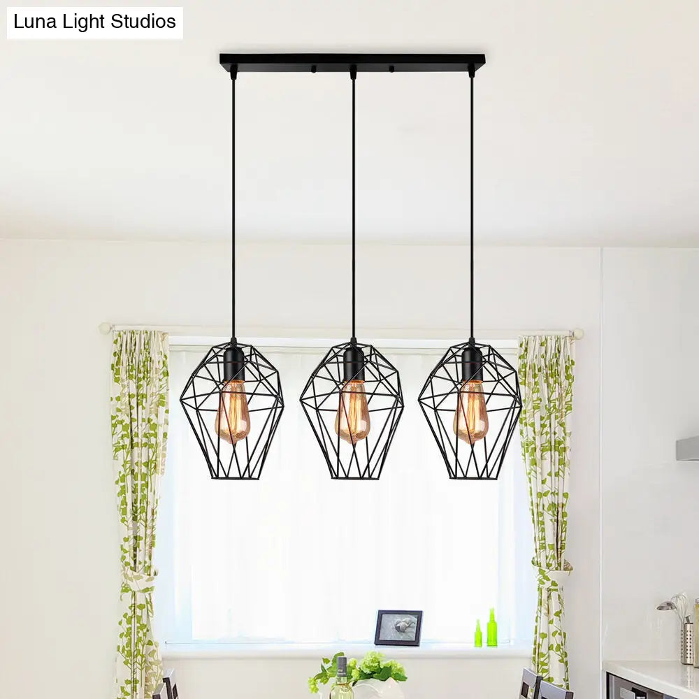 Vintage Geometric Pendant Lamp With Metallic Black Cage Shade And 3-Bulb Suspension For Ceiling