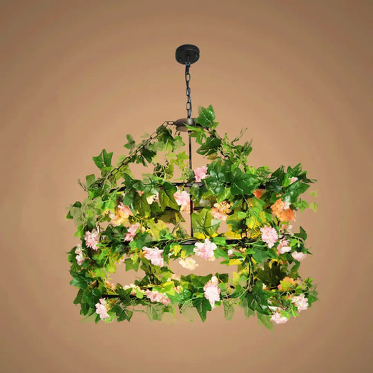 Geometric Vintage Chandelier With Artificial Plants - Metal Ceiling Light Fixture Pink / Small