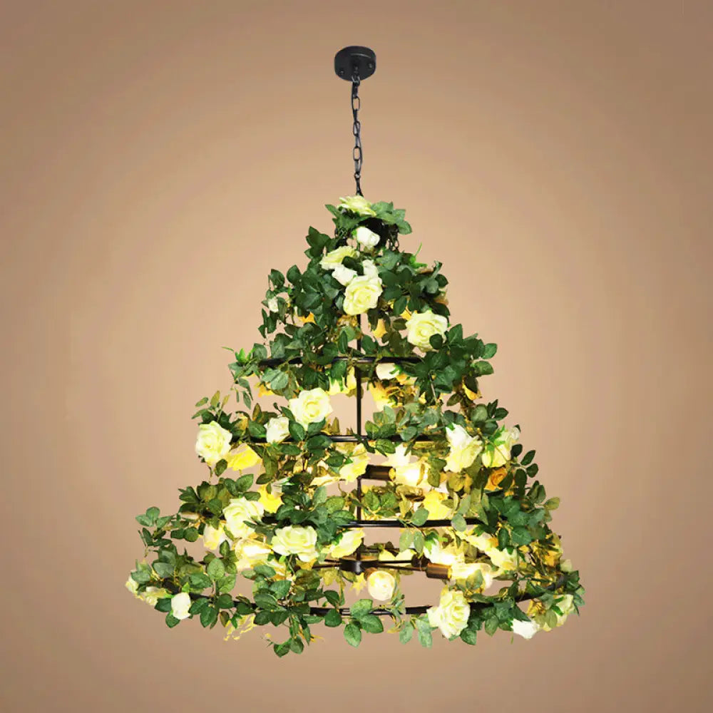 Geometric Vintage Chandelier With Artificial Plants - Metal Ceiling Light Fixture Yellow / Large