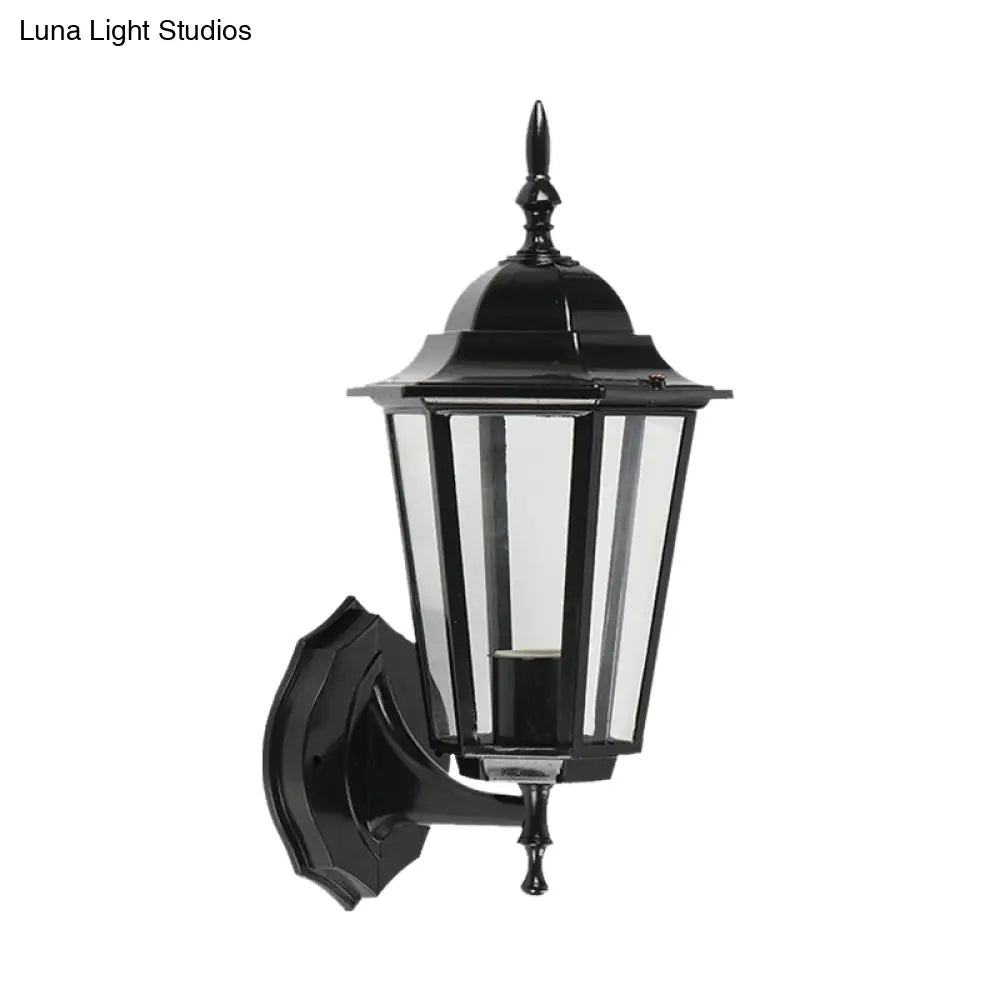 Geometric Wall Fixture: 1-Light Lodges Black Glass Mounted Lamp For Gate